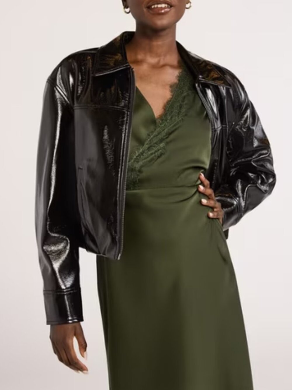 Scoop Women’s Crinkle Faux Patent Leather Cropped Bomber Jacket, Sizes L (12-14)